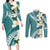 Aloha Hawaii Festive Couples Matching Long Sleeve Bodycon Dress and Long Sleeve Button Shirt Frangipani Lace Classic - Teal
