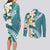 Aloha Hawaii Festive Couples Matching Long Sleeve Bodycon Dress and Long Sleeve Button Shirt Frangipani Lace Classic - Teal