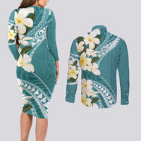Aloha Hawaii Festive Couples Matching Long Sleeve Bodycon Dress and Long Sleeve Button Shirt Frangipani Lace Classic - Teal LT7