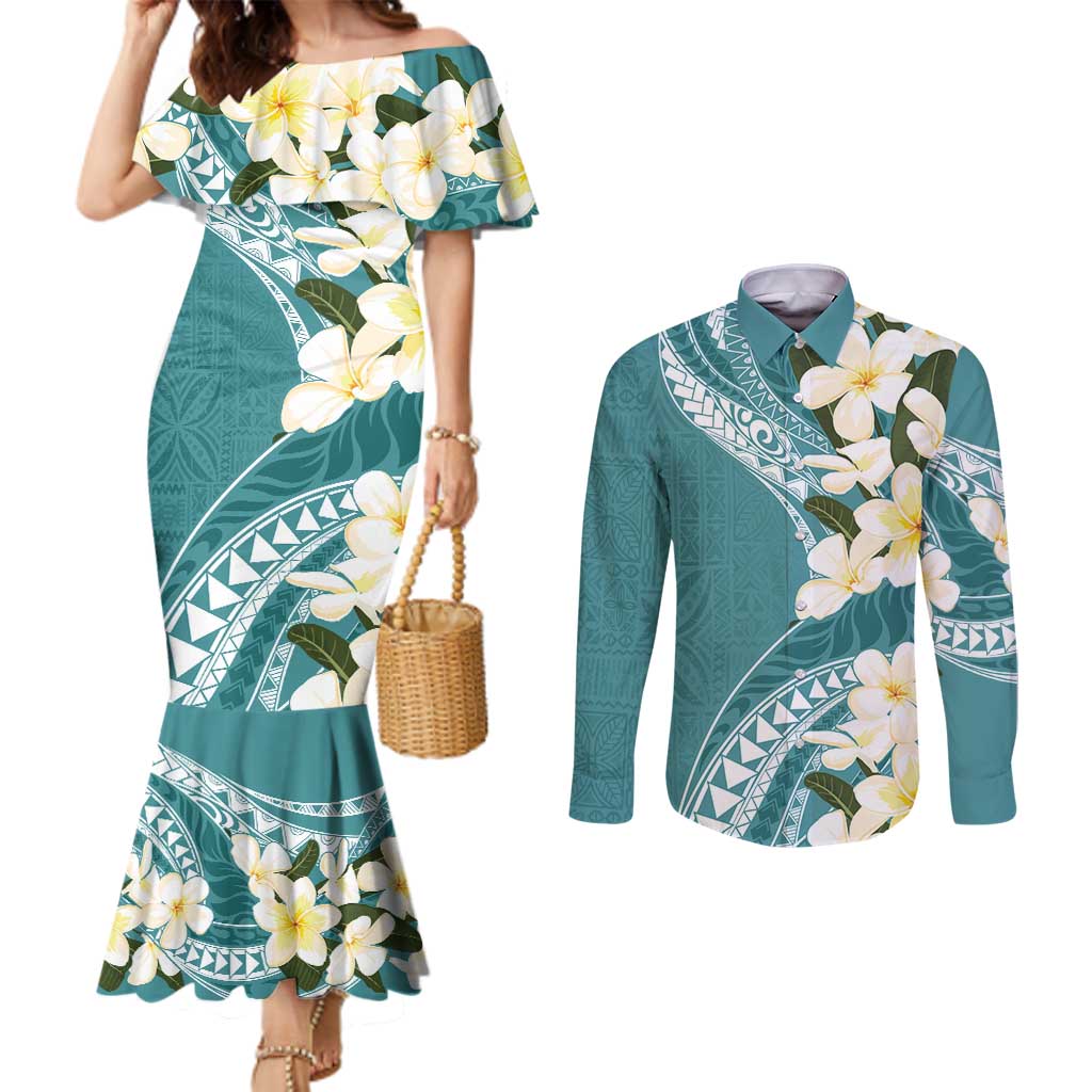 Aloha Hawaii Festive Couples Matching Mermaid Dress and Long Sleeve Button Shirt Frangipani Lace Classic - Teal