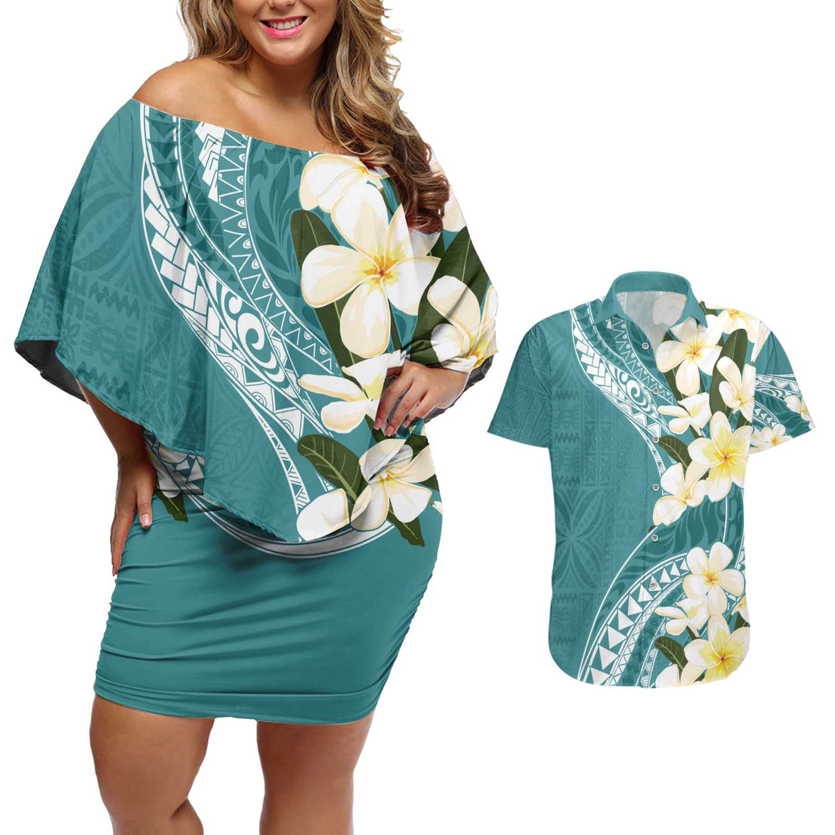 Aloha Hawaii Festive Couples Matching Off Shoulder Short Dress and Hawaiian Shirt Frangipani Lace Classic - Teal