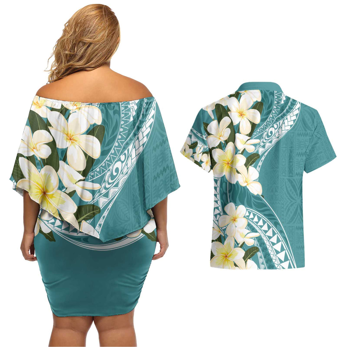 Aloha Hawaii Festive Couples Matching Off Shoulder Short Dress and Hawaiian Shirt Frangipani Lace Classic - Teal