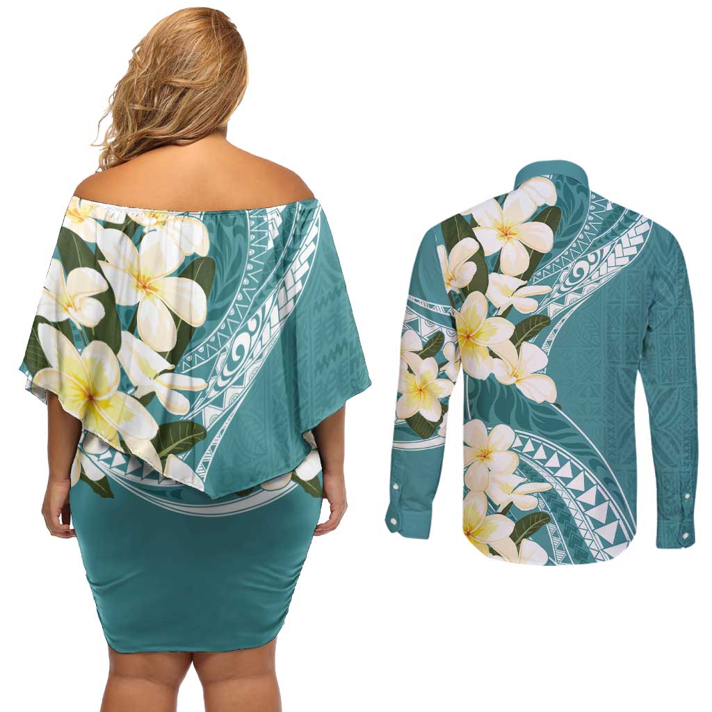 Aloha Hawaii Festive Couples Matching Off Shoulder Short Dress and Long Sleeve Button Shirt Frangipani Lace Classic - Teal