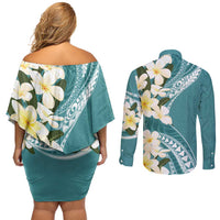 Aloha Hawaii Festive Couples Matching Off Shoulder Short Dress and Long Sleeve Button Shirt Frangipani Lace Classic - Teal