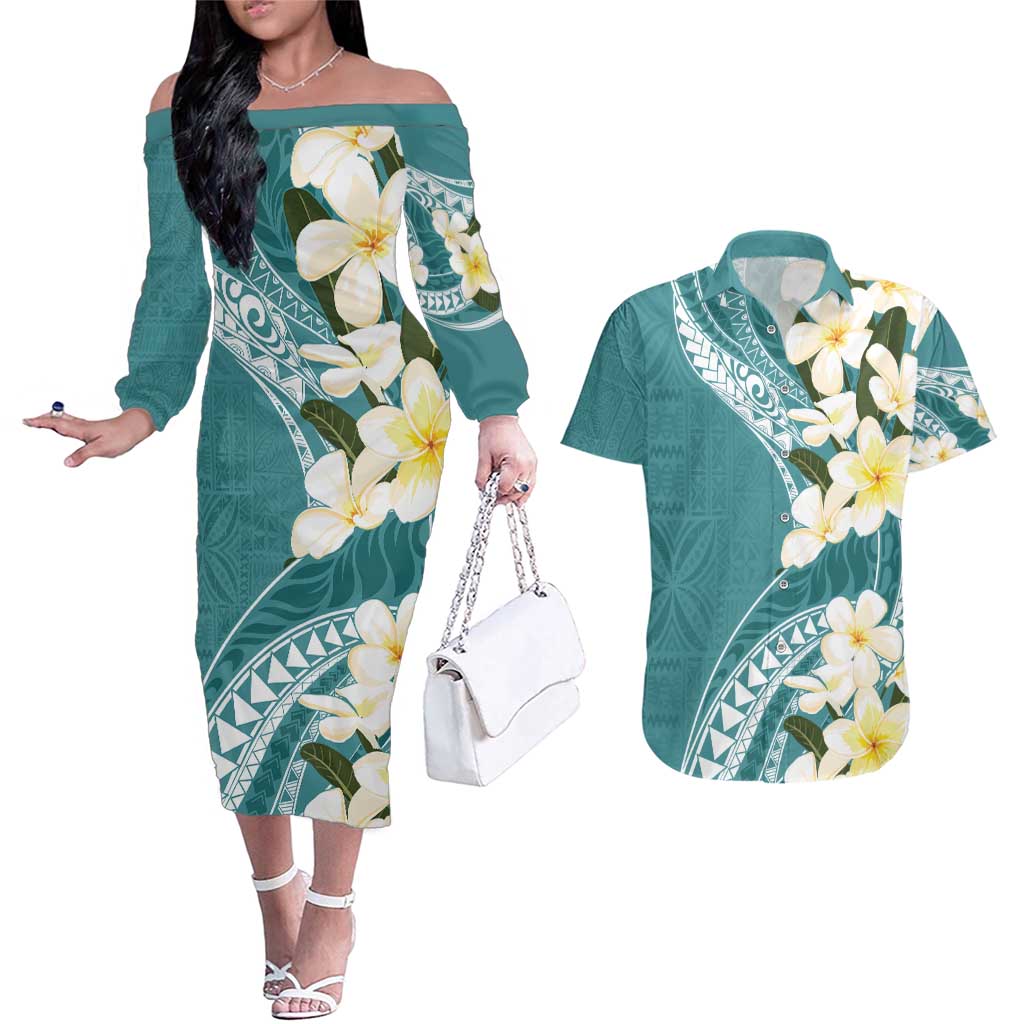 Aloha Hawaii Festive Couples Matching Off The Shoulder Long Sleeve Dress and Hawaiian Shirt Frangipani Lace Classic - Teal