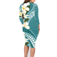 Aloha Hawaii Festive Family Matching Long Sleeve Bodycon Dress and Hawaiian Shirt Frangipani Lace Classic - Teal