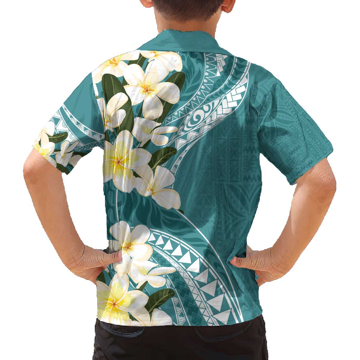 Aloha Hawaii Festive Family Matching Off The Shoulder Long Sleeve Dress and Hawaiian Shirt Frangipani Lace Classic - Teal LT7 - Polynesian Pride