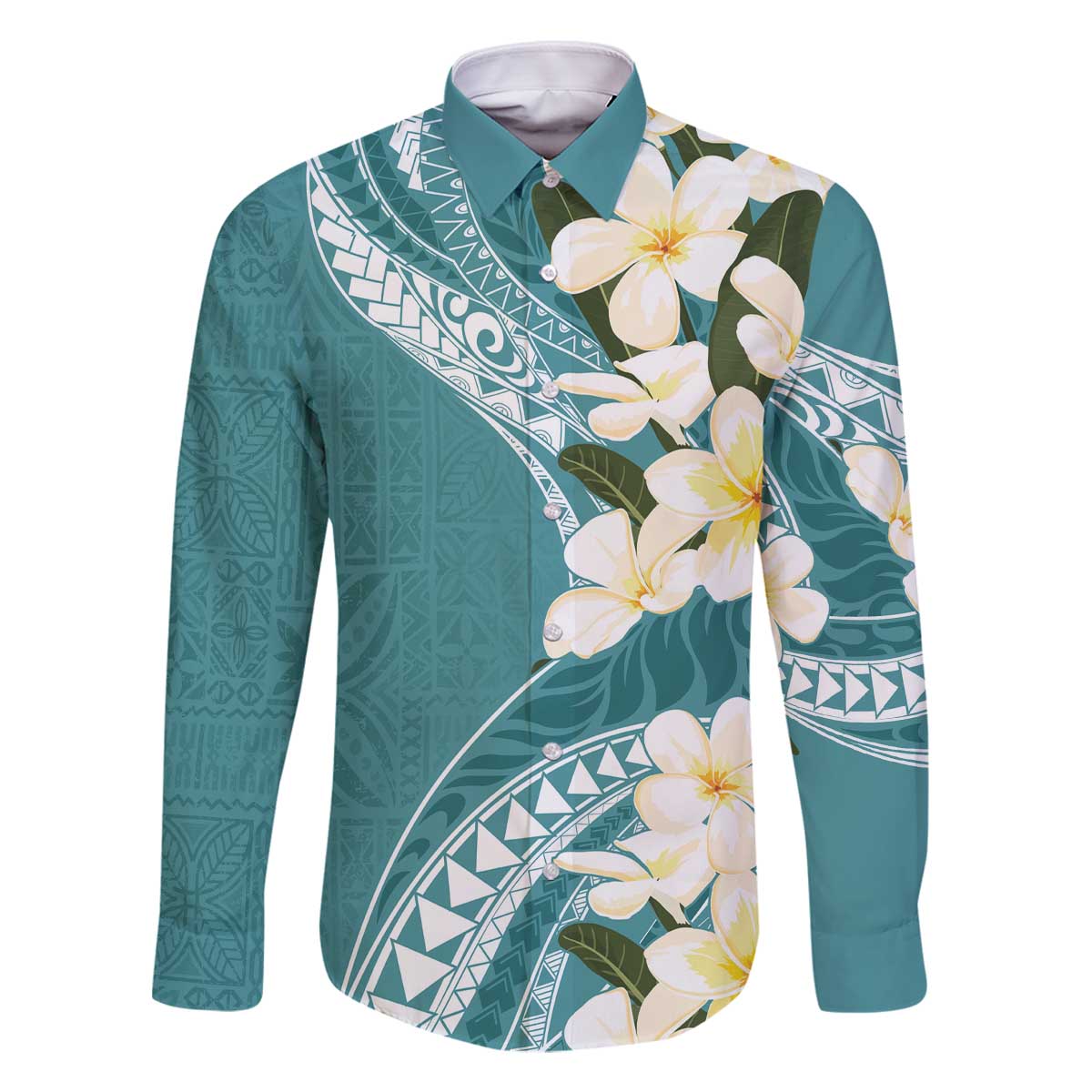Aloha Hawaii Festive Family Matching Off The Shoulder Long Sleeve Dress and Hawaiian Shirt Frangipani Lace Classic - Teal LT7 Dad's Shirt - Long Sleeve Teal - Polynesian Pride