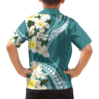 Aloha Hawaii Festive Family Matching Off Shoulder Short Dress and Hawaiian Shirt Frangipani Lace Classic - Teal