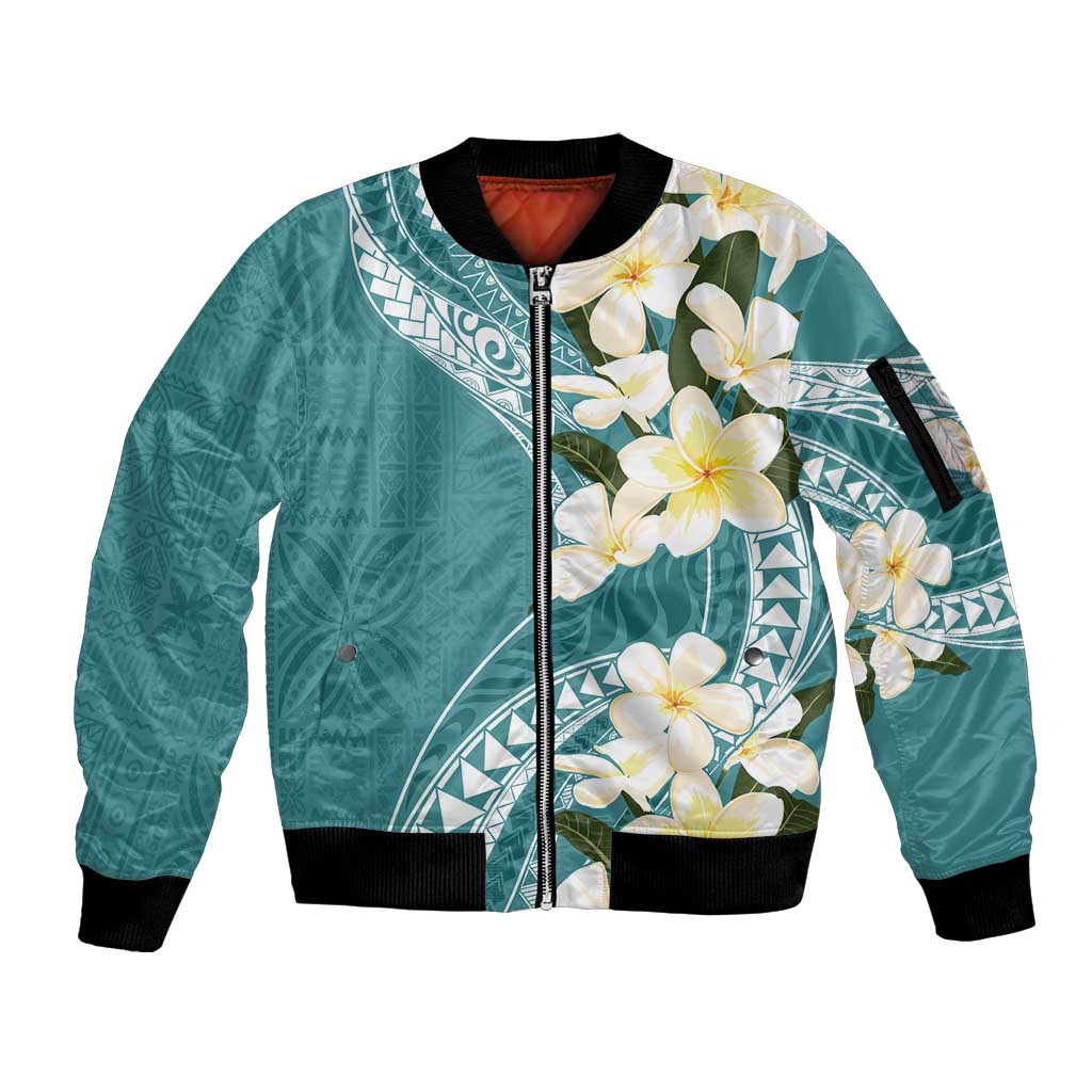 Aloha Hawaii Festive Sleeve Zip Bomber Jacket Frangipani Lace Classic - Teal LT7 Unisex Teal - Polynesian Pride