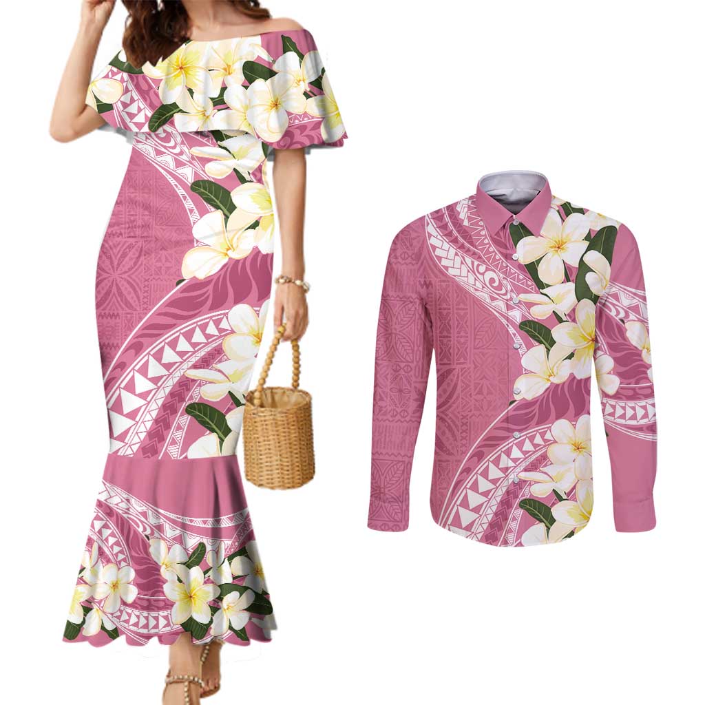 Aloha Hawaii Festive Couples Matching Mermaid Dress and Long Sleeve Button Shirt Frangipani Lace Classic - Rosy