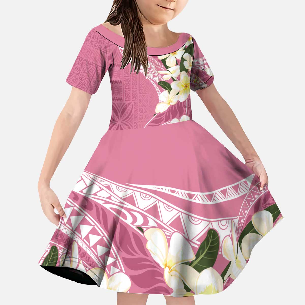 Aloha Hawaii Festive Family Matching Off The Shoulder Long Sleeve Dress and Hawaiian Shirt Frangipani Lace Classic - Rosy LT7 Daughter's Dress Pink - Polynesian Pride