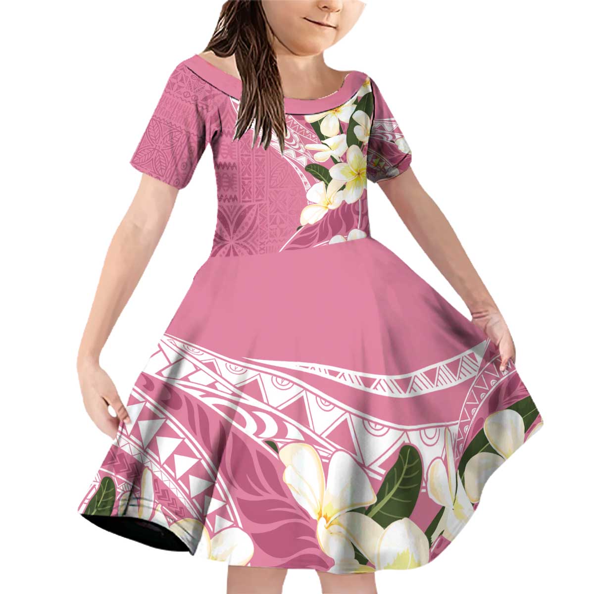 Aloha Hawaii Festive Family Matching Off Shoulder Short Dress and Hawaiian Shirt Frangipani Lace Classic - Rosy