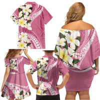 Aloha Hawaii Festive Family Matching Off Shoulder Short Dress and Hawaiian Shirt Frangipani Lace Classic - Rosy