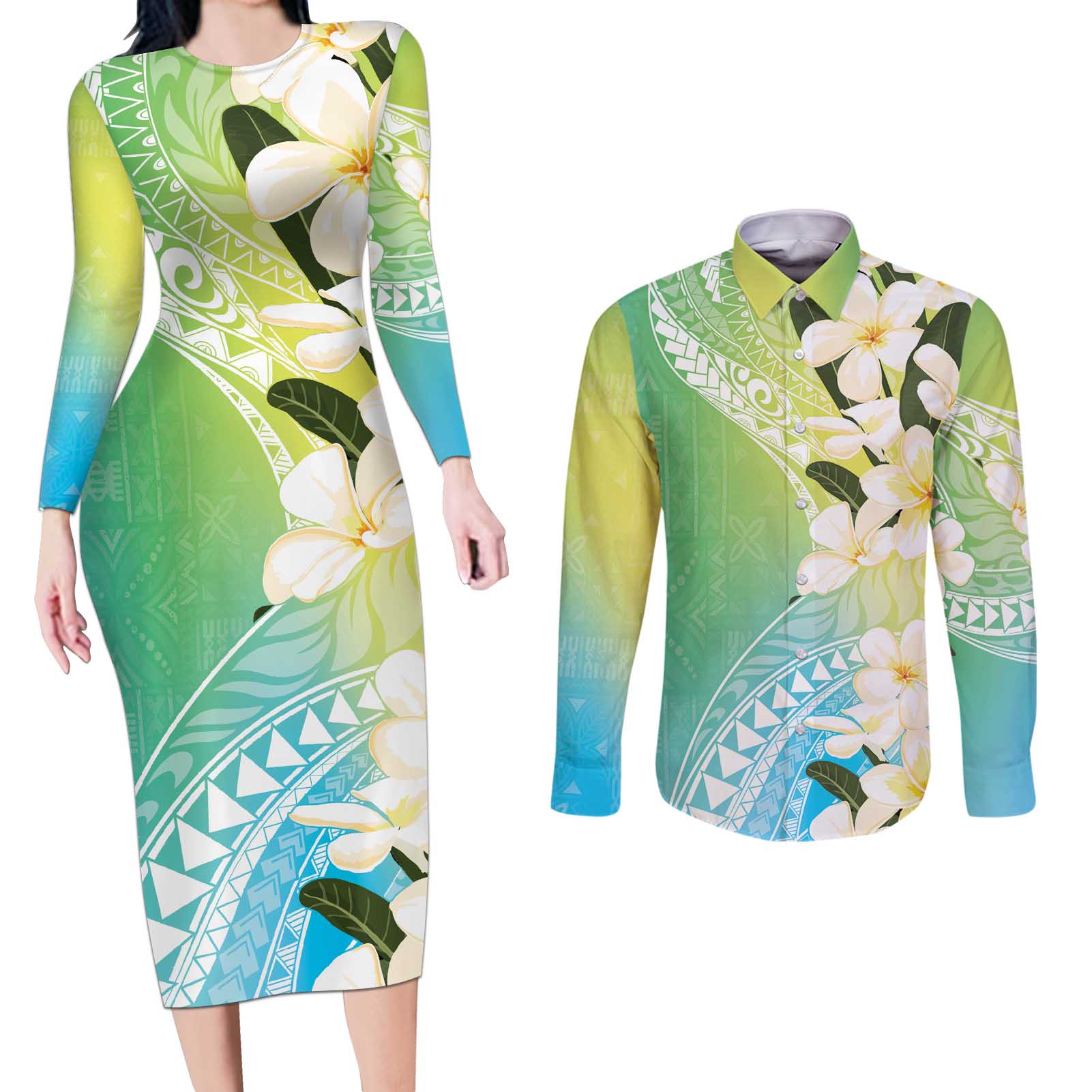 Aloha Hawaii Festive Couples Matching Long Sleeve Bodycon Dress and Long Sleeve Button Shirt Frangipani Lace Classic - Summer Vibes