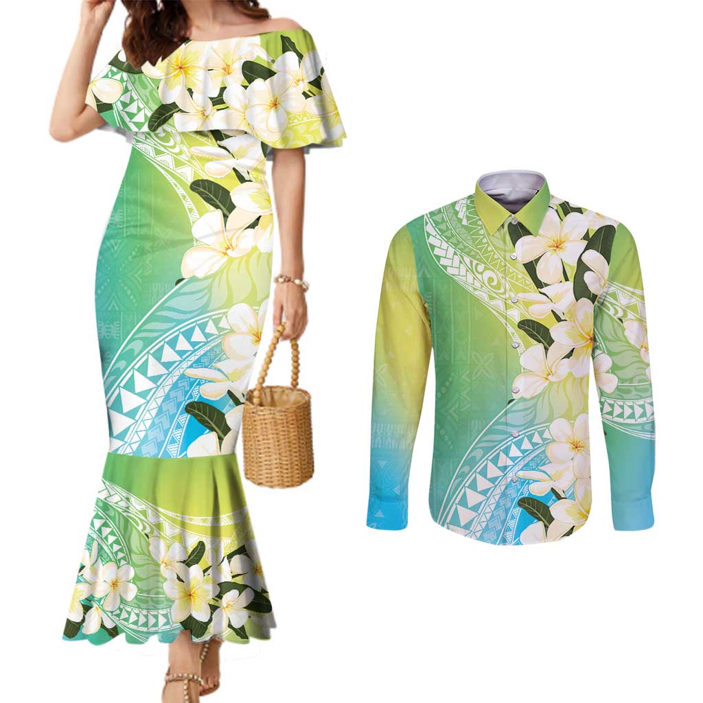 Aloha Hawaii Festive Couples Matching Mermaid Dress and Long Sleeve Button Shirt Frangipani Lace Classic - Summer Vibes
