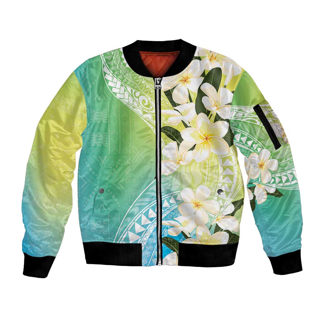 Aloha Hawaii Festive Sleeve Zip Bomber Jacket Frangipani Lace Classic - Summer Vibes LT7 Unisex Blue Green - Polynesian Pride