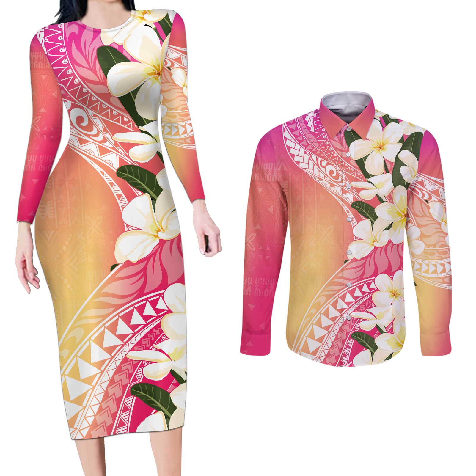Aloha Hawaii Festive Couples Matching Long Sleeve Bodycon Dress and Long Sleeve Button Shirt Frangipani Lace Classic - Spring Vibes