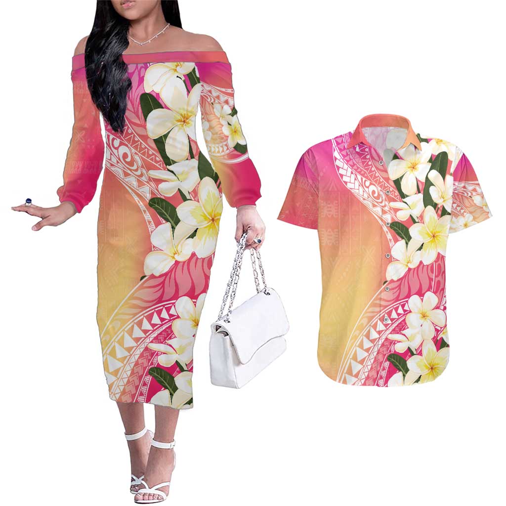 Aloha Hawaii Festive Couples Matching Off The Shoulder Long Sleeve Dress and Hawaiian Shirt Frangipani Lace Classic - Spring Vibes