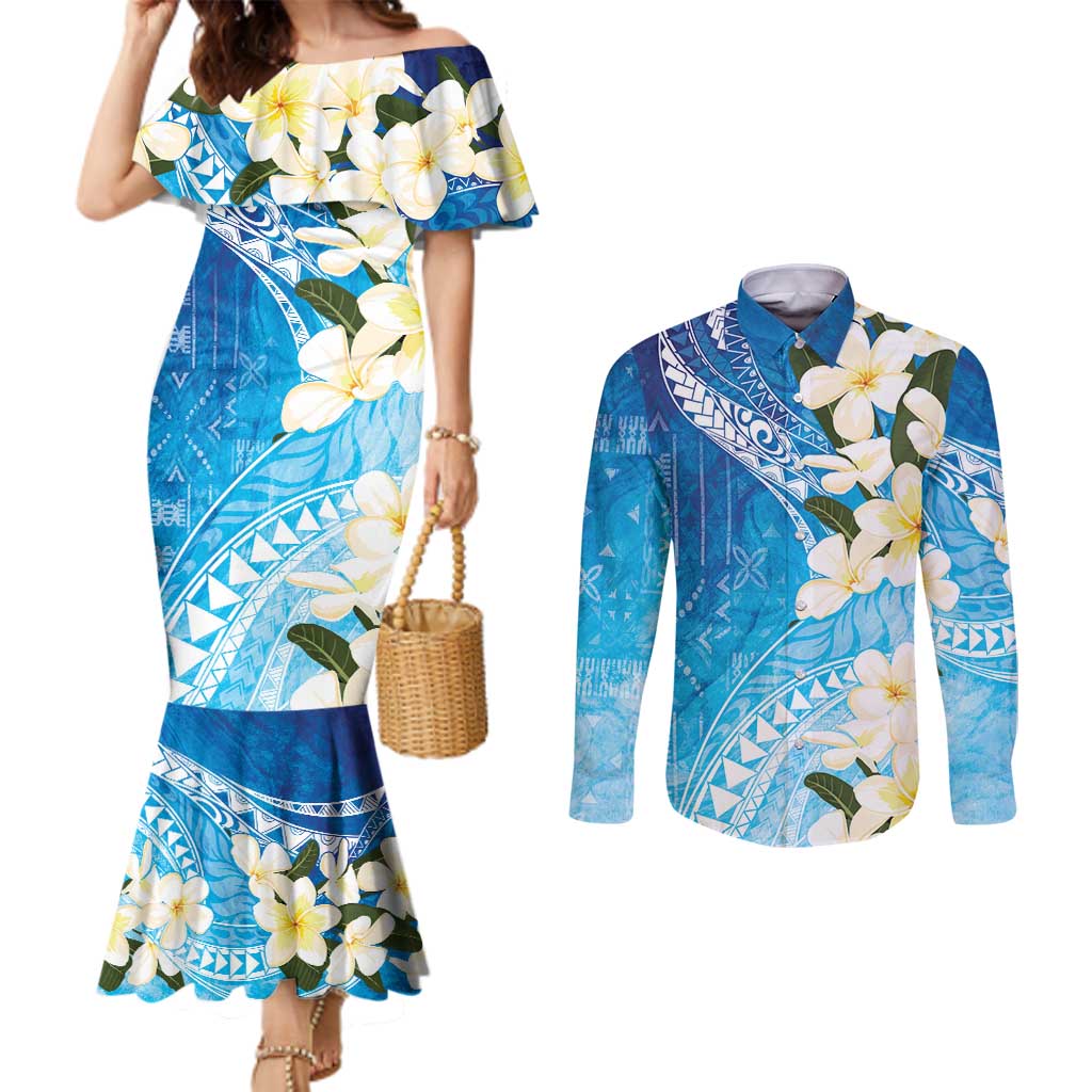 Aloha Hawaii Festive Couples Matching Mermaid Dress and Long Sleeve Button Shirt Frangipani Lace Classic - Oceanic