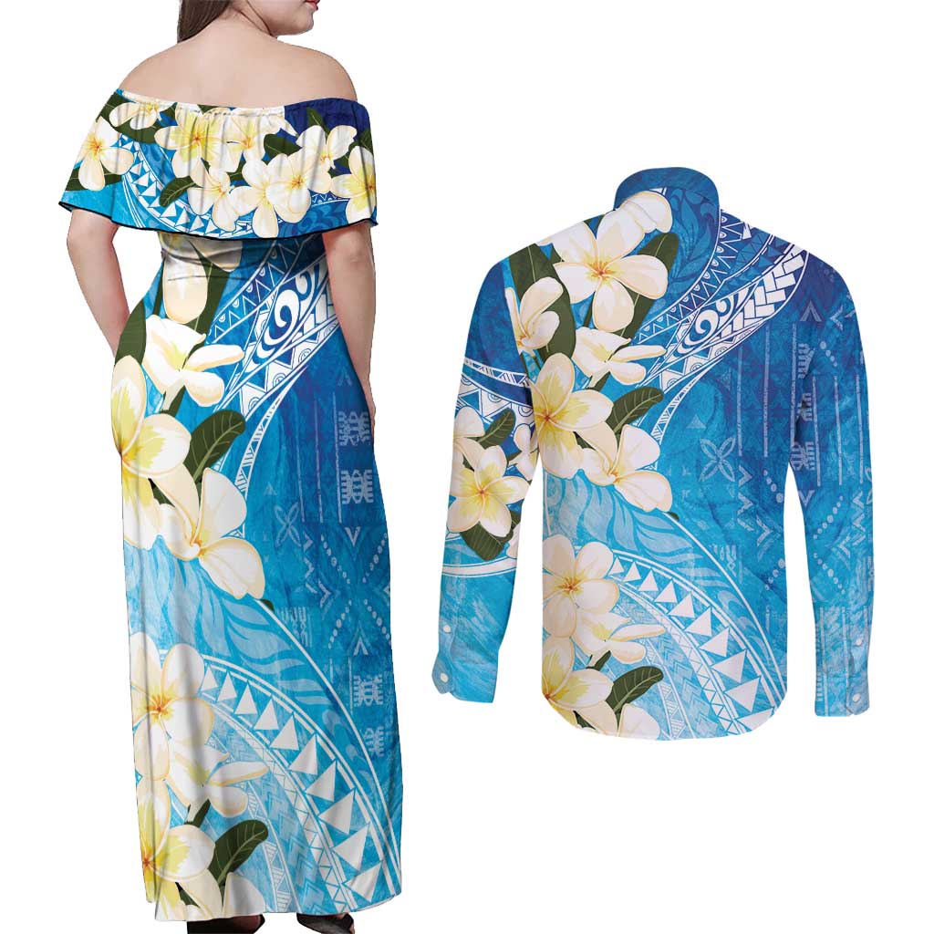 Aloha Hawaii Festive Couples Matching Off Shoulder Maxi Dress and Long Sleeve Button Shirt Frangipani Lace Classic - Oceanic