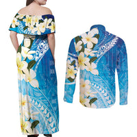 Aloha Hawaii Festive Couples Matching Off Shoulder Maxi Dress and Long Sleeve Button Shirt Frangipani Lace Classic - Oceanic