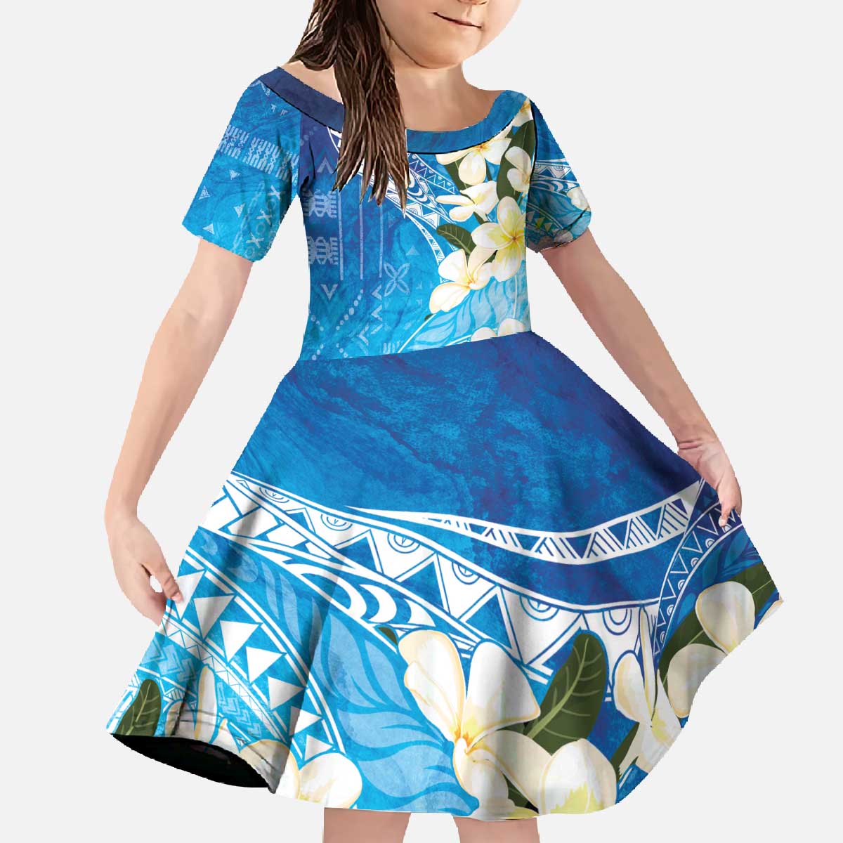 Aloha Hawaii Festive Family Matching Off The Shoulder Long Sleeve Dress and Hawaiian Shirt Frangipani Lace Classic - Oceanic LT7 Daughter's Dress Navy - Polynesian Pride