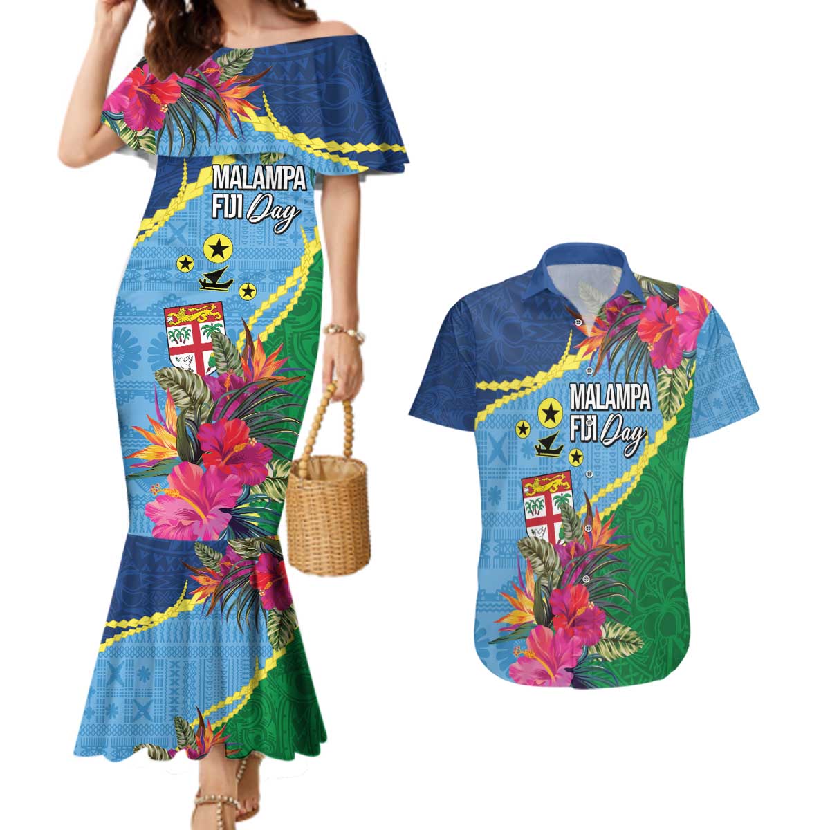 Personalized Malampa Fiji Day Together We Grow Couples Matching Mermaid Dress and Hawaiian Shirt Special Tapa Mix - Polynesian Pride