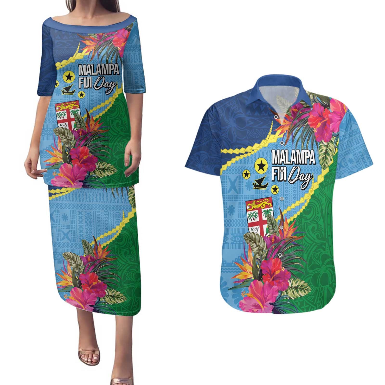 Personalized Malampa Fiji Day Together We Grow Couples Matching Puletasi and Hawaiian Shirt Special Tapa Mix - Polynesian Pride