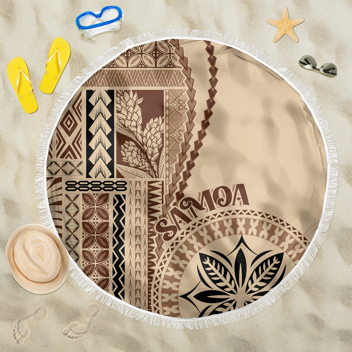 Samoa Siapo Motif Beach Blanket Classic Style LT7 One Size 150cm Beige - Polynesian Pride