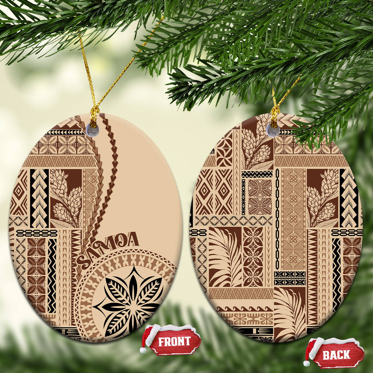 Samoa Siapo Motif Ceramic Ornament Classic Style LT7 Oval Beige - Polynesian Pride