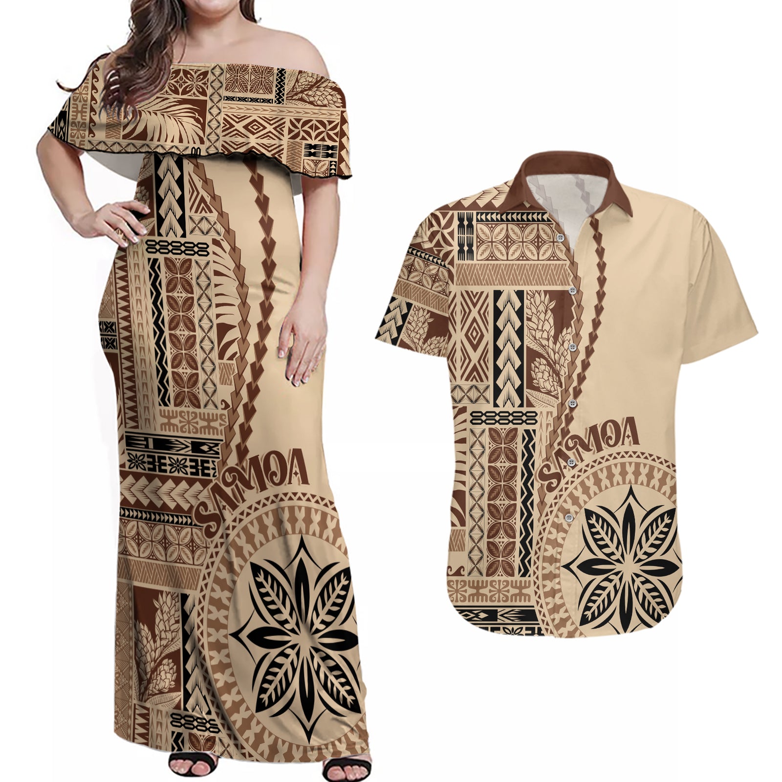 Samoa Siapo Motif Couples Matching Off Shoulder Maxi Dress and Hawaiian Shirt Classic Style LT7 Beige - Polynesian Pride