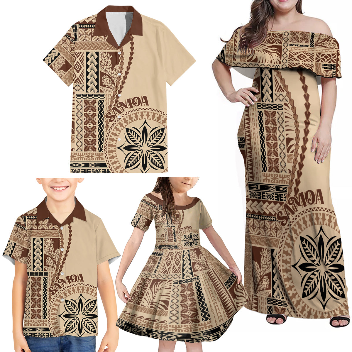 Samoa Siapo Motif Family Matching Off Shoulder Maxi Dress and Hawaiian Shirt Classic Style LT7 - Polynesian Pride