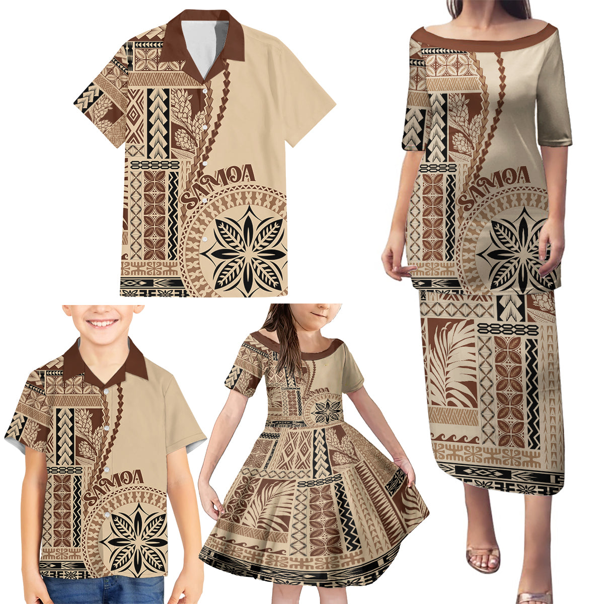 Samoa Siapo Motif Family Matching Puletasi Dress and Hawaiian Shirt Classic Style LT7 - Polynesian Pride