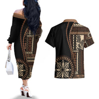 Samoa Siapo Motif Couples Matching Off The Shoulder Long Sleeve Dress and Hawaiian Shirt Classic Style - Black Ver LT7 - Polynesian Pride