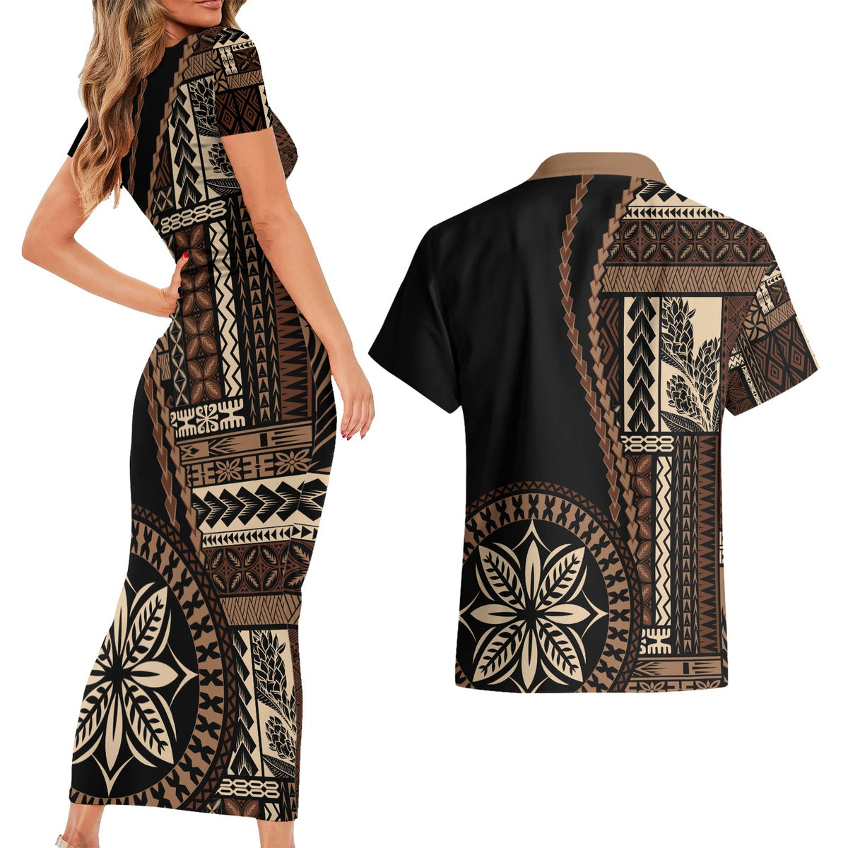 Samoa Siapo Motif Couples Matching Short Sleeve Bodycon Dress and Hawaiian Shirt Classic Style - Black Ver02 LT7 - Polynesian Pride