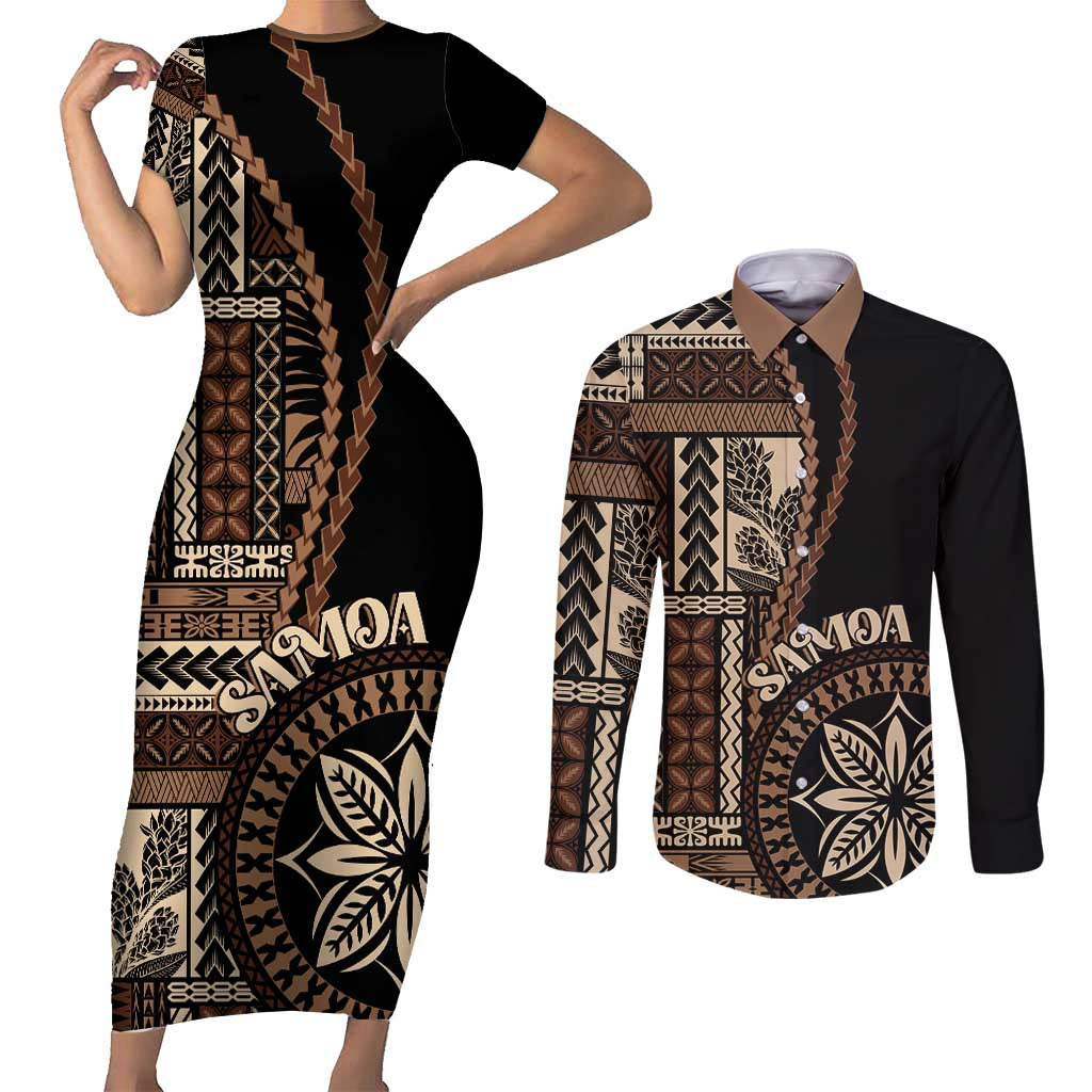 Samoa Siapo Motif Couples Matching Short Sleeve Bodycon Dress and Long Sleeve Button Shirt Classic Style - Black Ver LT7
