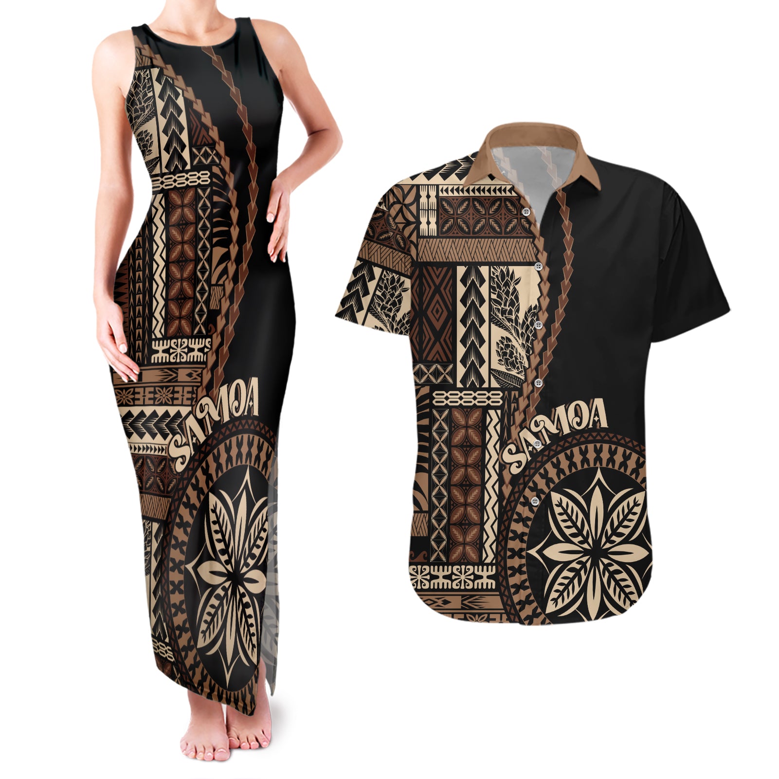 Samoa Siapo Motif Couples Matching Tank Maxi Dress and Hawaiian Shirt Classic Style - Black Ver LT7 Black - Polynesian Pride