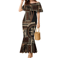 Samoa Siapo Motif Family Matching Mermaid Dress and Hawaiian Shirt Classic Style - Black Ver LT7 Mom's Dress Black - Polynesian Pride