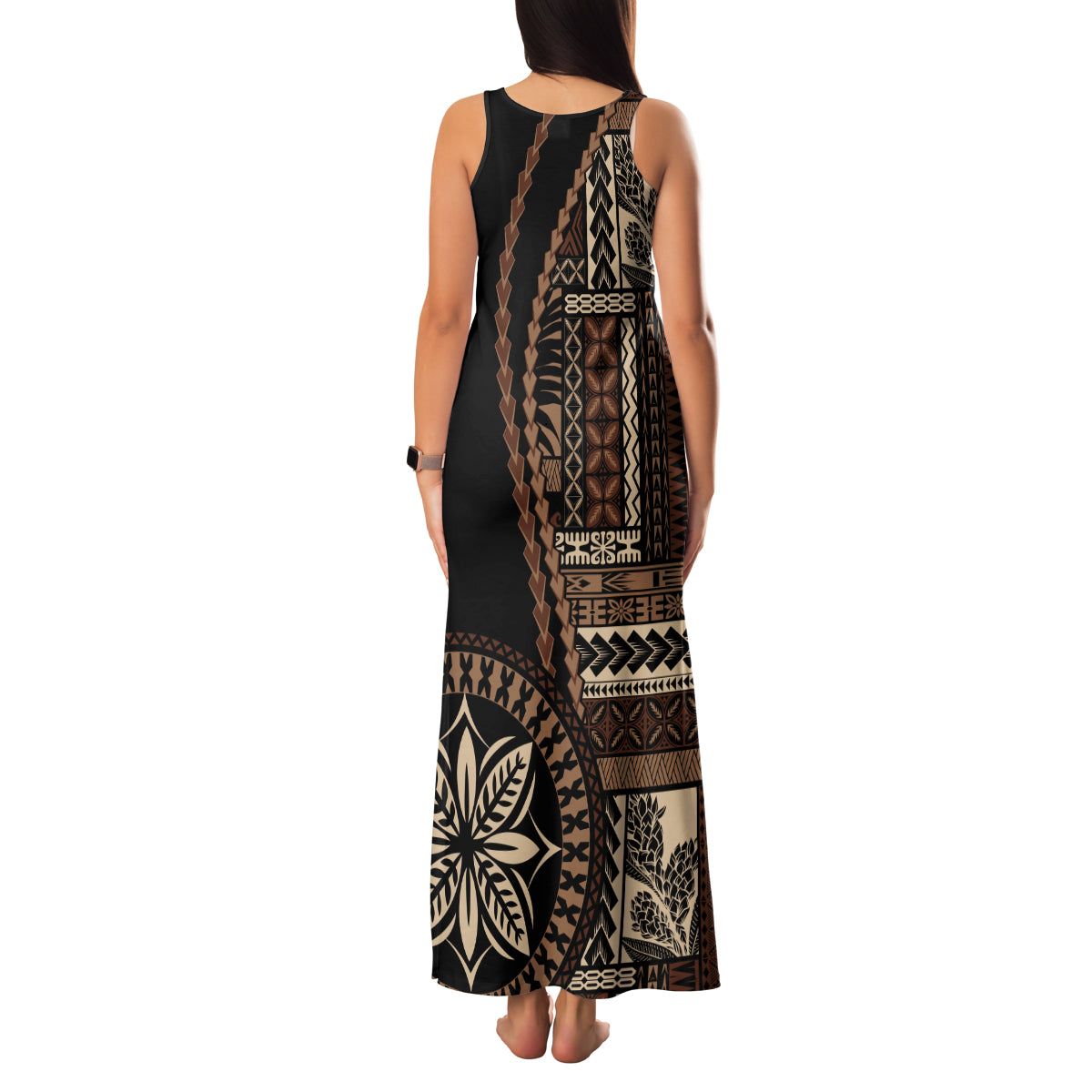 Samoa Siapo Motif Family Matching Tank Maxi Dress and Hawaiian Shirt Classic Style - Black Ver LT7 - Polynesian Pride