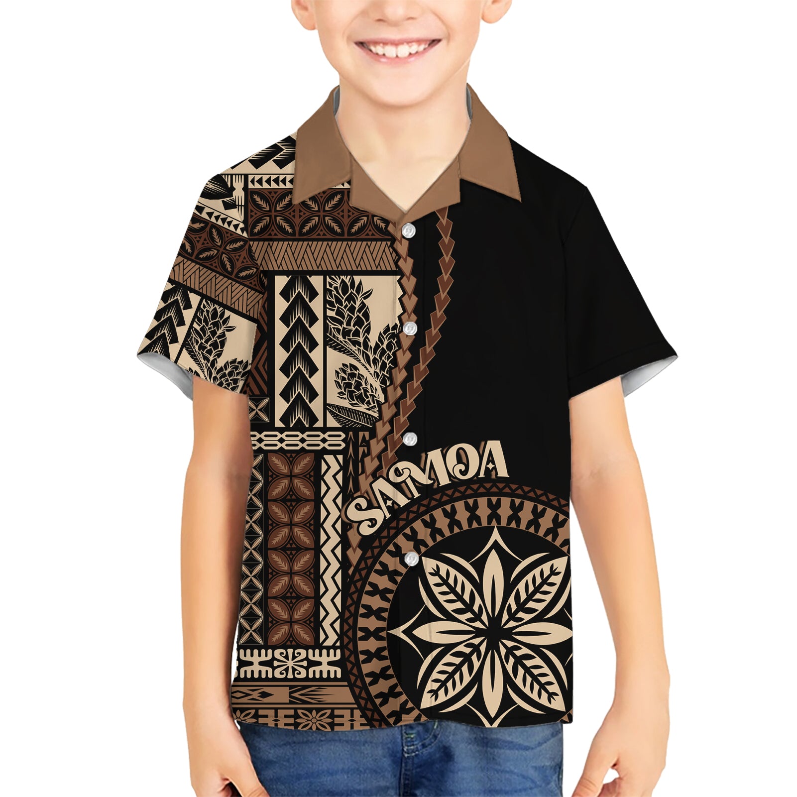 Samoa Siapo Motif Kid Hawaiian Shirt Classic Style - Black Ver LT7 Kid Black - Polynesian Pride