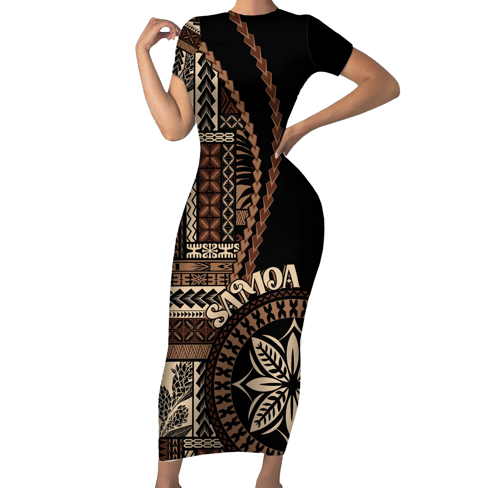 Samoa Siapo Motif Short Sleeve Bodycon Dress Classic Style - Black Ver LT7 Long Dress Black - Polynesian Pride