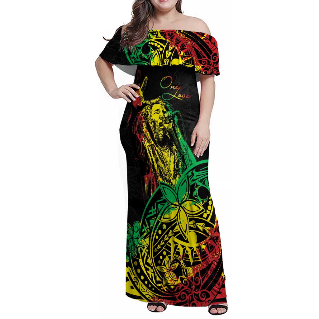 Personalised Reggae Jawaiian Festive Family Matching Off Shoulder Maxi Dress and Hawaiian Shirt Mix Polynesian