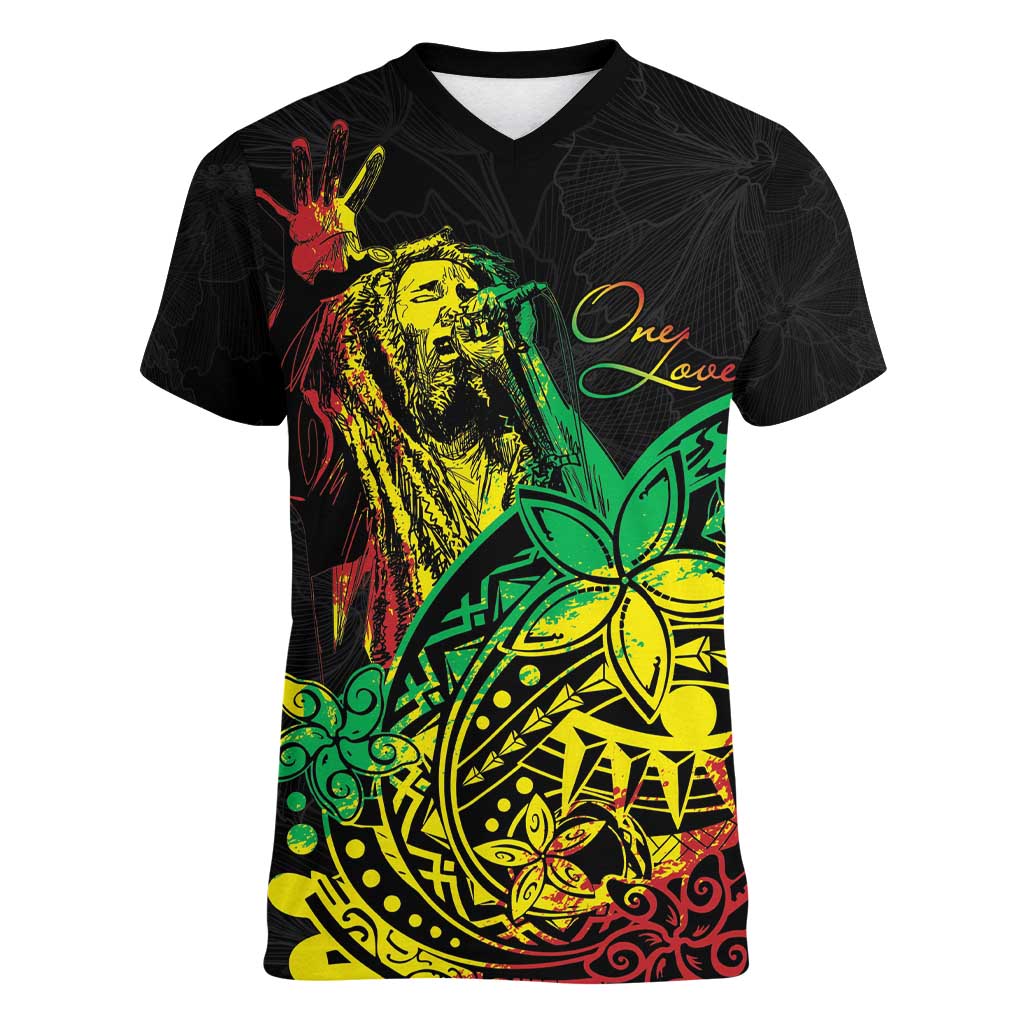 Personalised Reggae Jawaiian Festive Women V-Neck T-Shirt Mix Polynesian