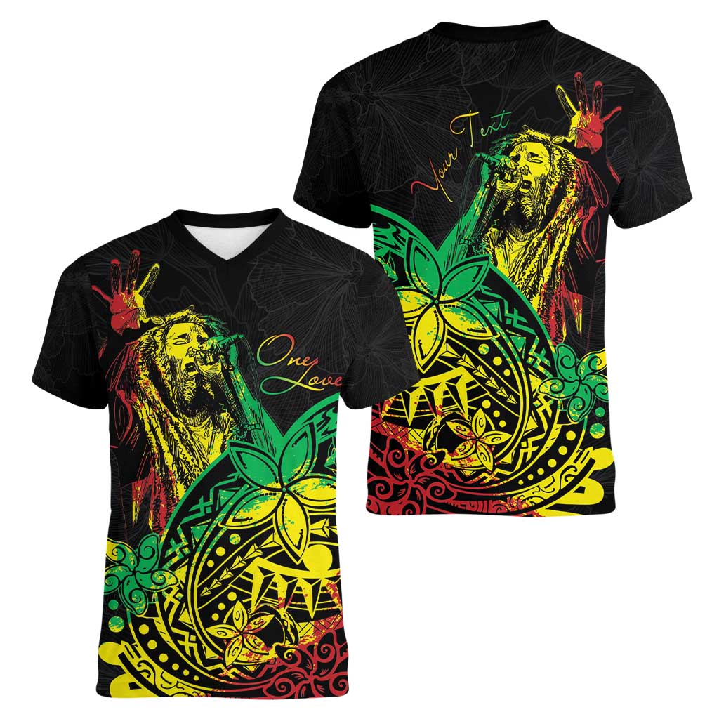 Personalised Reggae Jawaiian Festive Women V-Neck T-Shirt Mix Polynesian