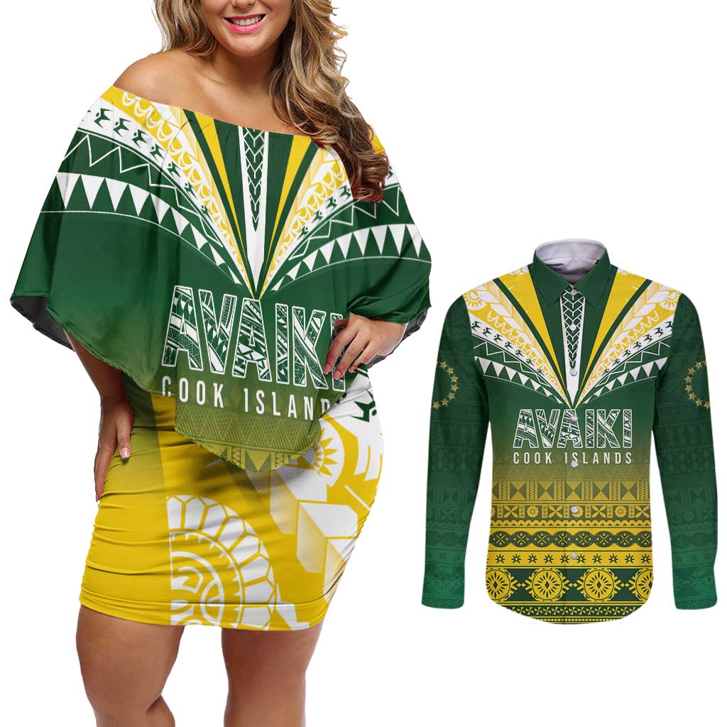Cook Islands Rugby Custom Couples Matching Off Shoulder Short Dress and Long Sleeve Button Shirt Kuki Avaiki - Polynesian Pride