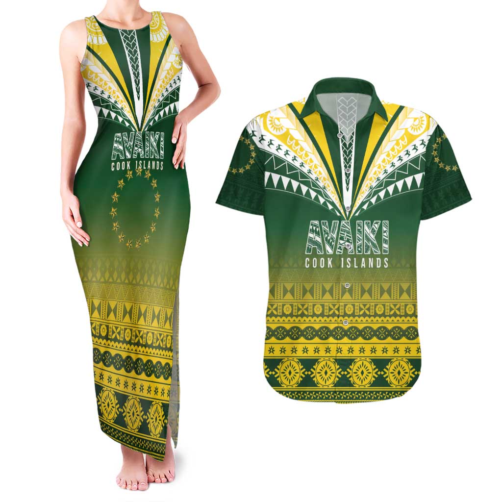 Cook Islands Rugby Custom Couples Matching Tank Maxi Dress and Hawaiian Shirt Kuki Avaiki LT7 Yellow Green - Polynesian Pride