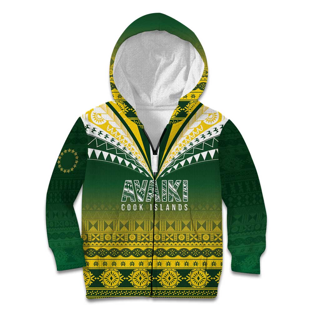 Cook Islands Rugby Custom Kid Hoodie Kuki Avaiki LT7 Zip Hoodie Yellow Green - Polynesian Pride