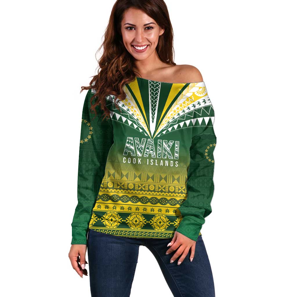 Cook Islands Rugby Custom Off Shoulder Sweater Kuki Avaiki LT7 Women Yellow Green - Polynesian Pride