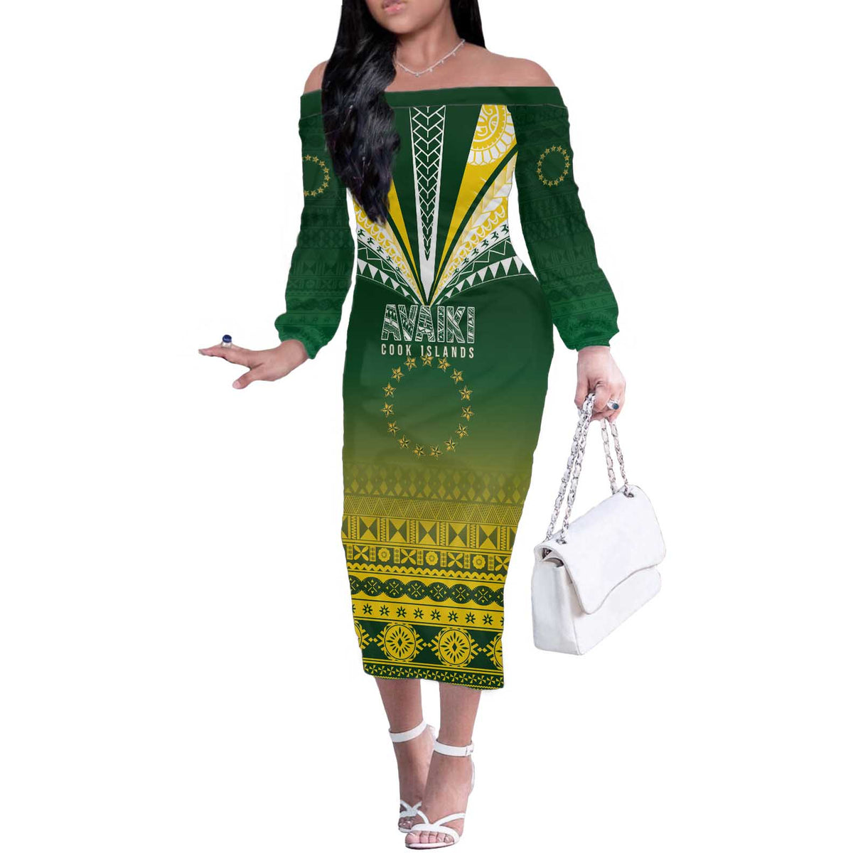 Cook Islands Rugby Custom Off The Shoulder Long Sleeve Dress Kuki Avaiki LT7 Women Yellow Green - Polynesian Pride